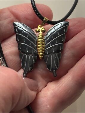 🟨Brand New Hematite Carved Butterfly Pendant, Black & Gold